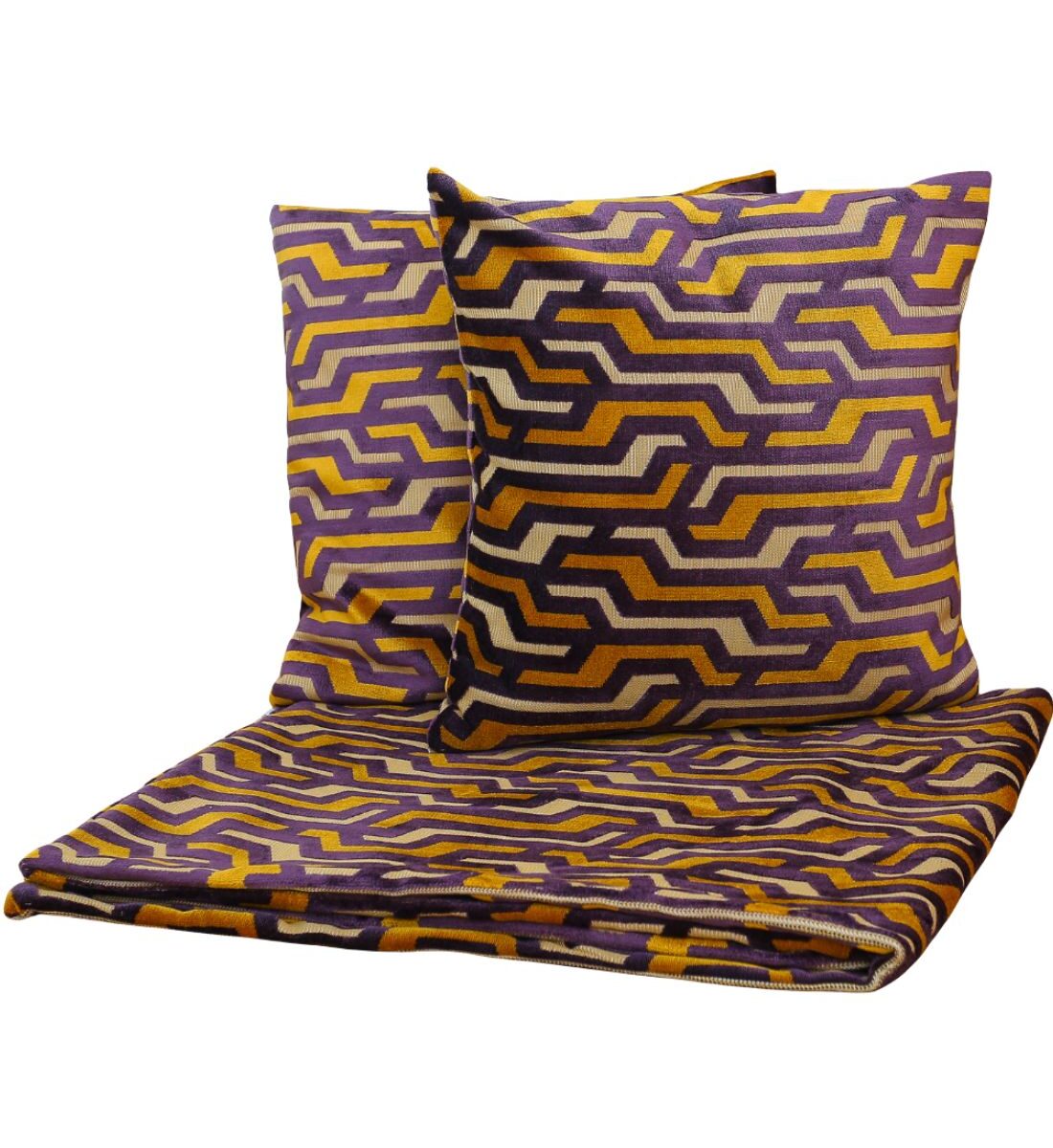 Lila Mustár Díszpárna Szett Ágydísszel – Geometrikus design